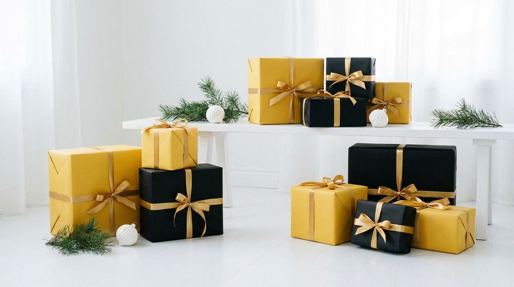 Holiday gifts wrapped in yellow and black paper with gold ribbon and evergreen branches on a white table