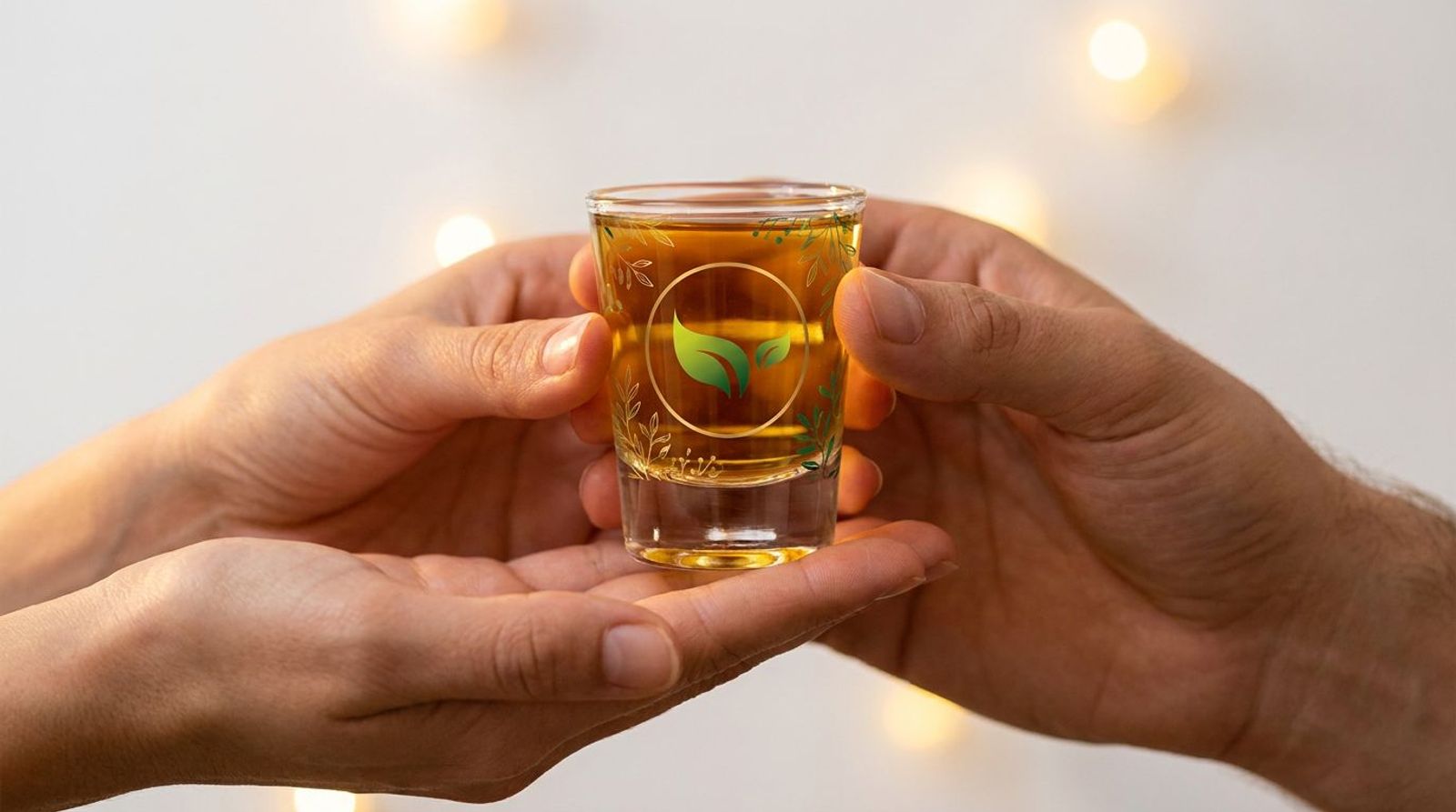 Two hands passing a small glass of golden Vitamin Shots liquid vitamin, a wellness gift moment