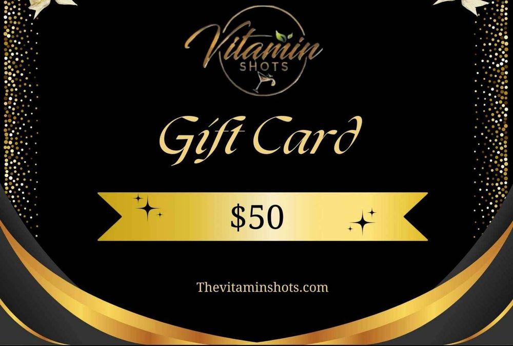The Vitamin Shots $50 digital gift card, black design with gold lettering and a gold $50 ribbon