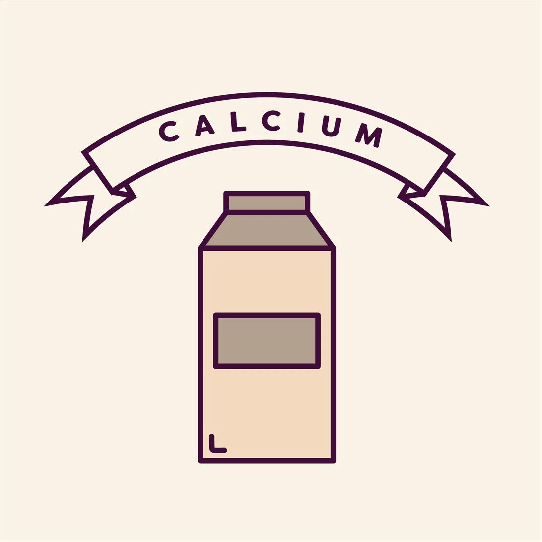 Illustration of a milk carton labelled Calcium with a decorative banner — representing the conventional dairy source of calcium that vegans must replace with calcium-set tofu, fortified plant milks and leafy greens
