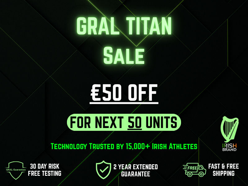 GRAL Titan massage gun banner showing product image, physio-level relief benefits, neuromuscular recovery claim, and free elite CNS recovery guides offer.