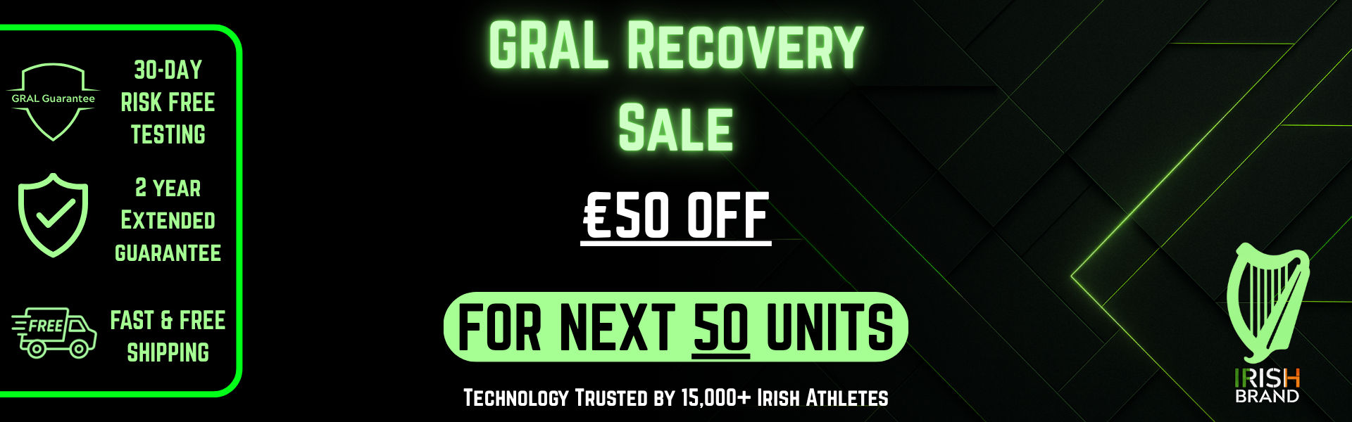 GRAL Titan massage gun banner showing product image, physio-level relief benefits, neuromuscular recovery claim, and free elite CNS recovery guides offer.