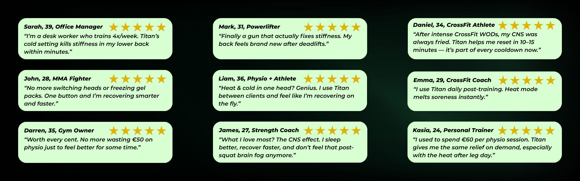 Customer reviews of Titan massage gun – athletes, coaches, and professionals praising faster recovery, pain relief, and heat-cold therapy benefits.