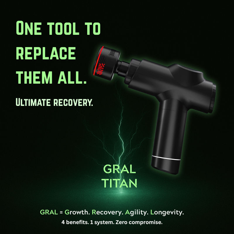 GRAL Titan massage gun hero banner – One tool to replace them all. Ultimate recovery for elite performance.