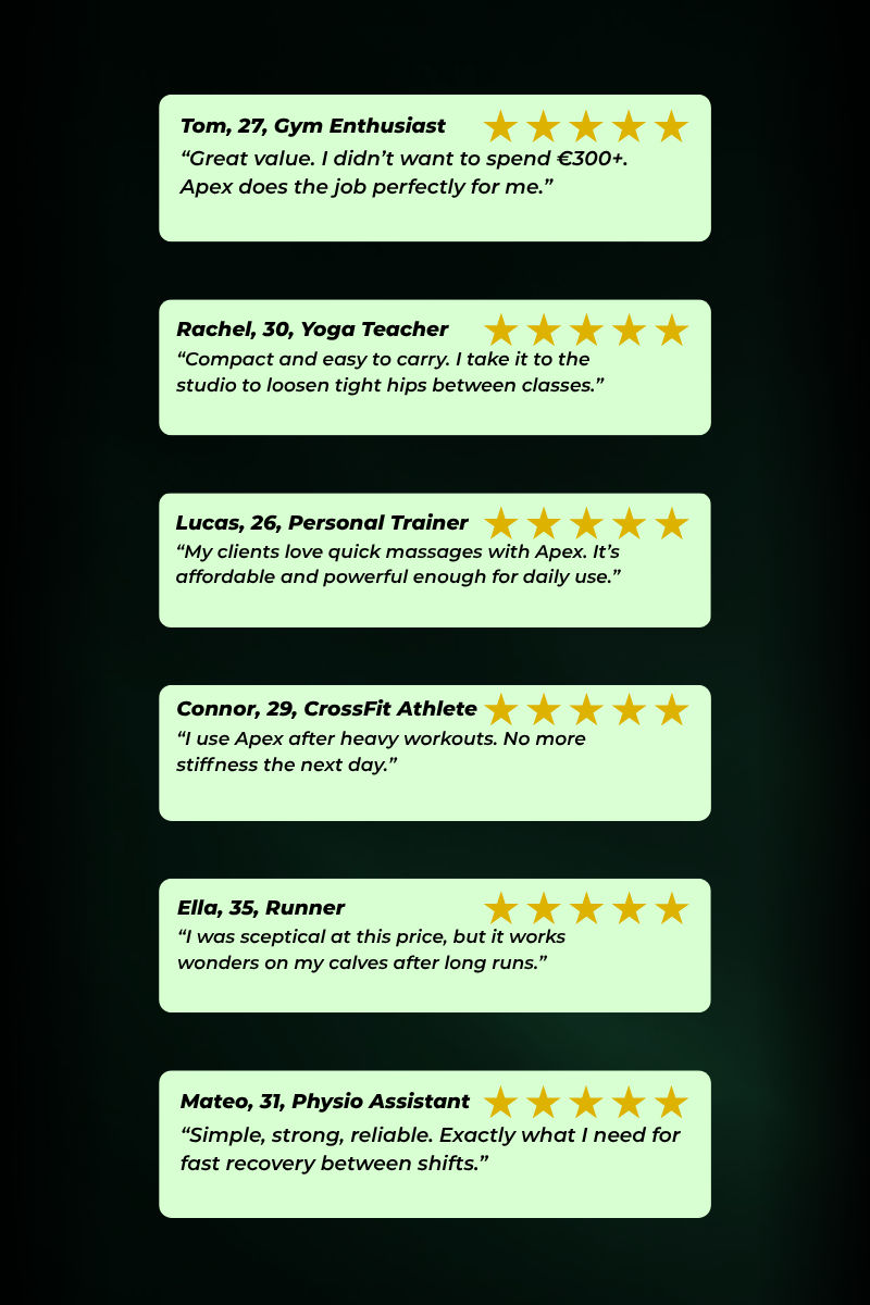 Customer reviews of Titan massage gun – athletes, coaches, and professionals praising faster recovery, pain relief, and heat-cold therapy benefits.