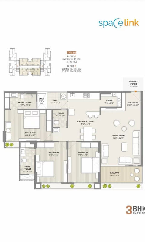 3BHK UNIT PLAN TYPE 3 BLOCK A B
