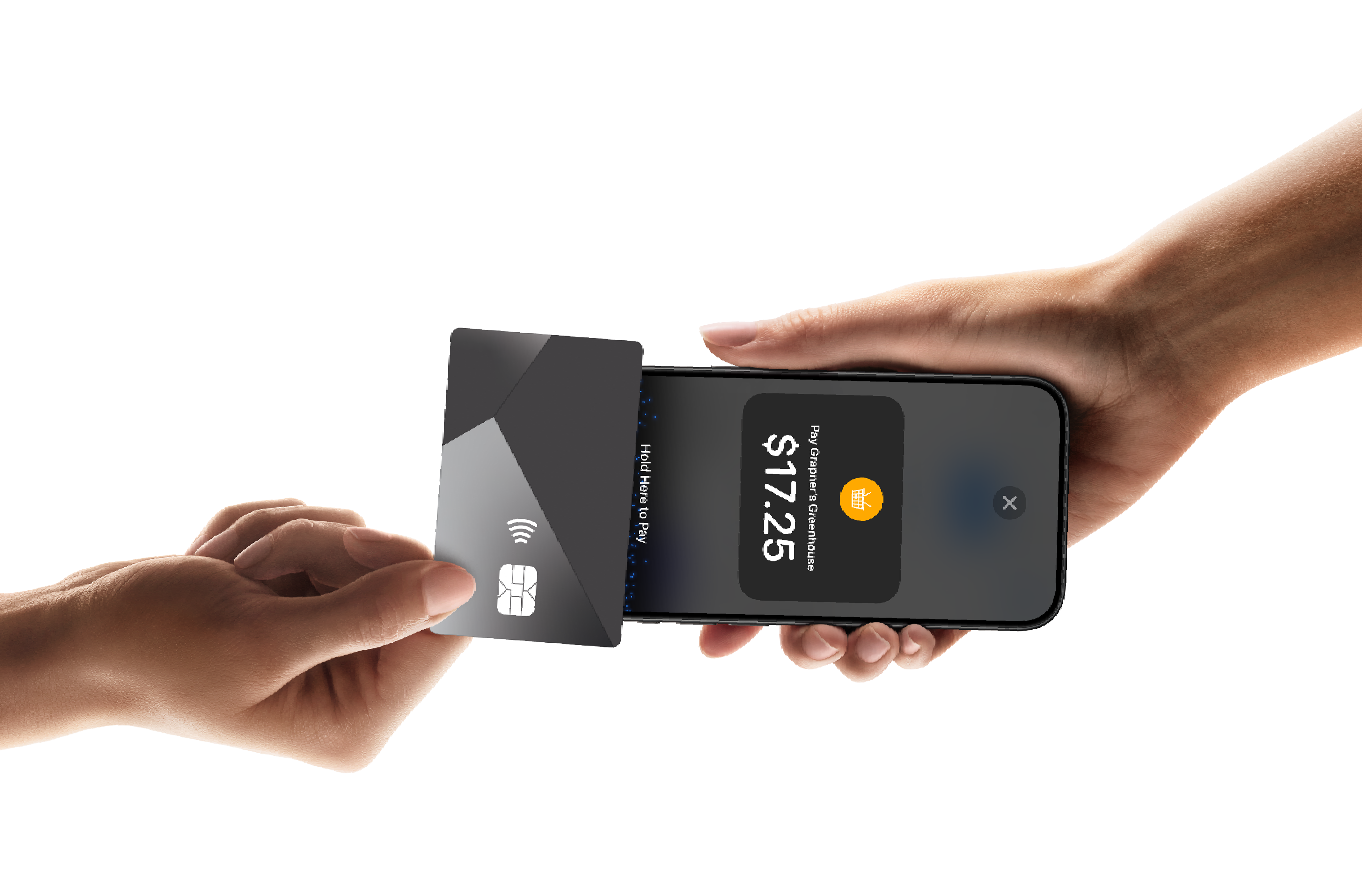 Tap to Pay on iPhone — Hands tapping card on iPhone