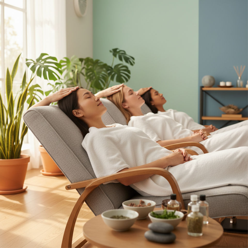 Group Booking for Calm featuring friends enjoying scalp therapy