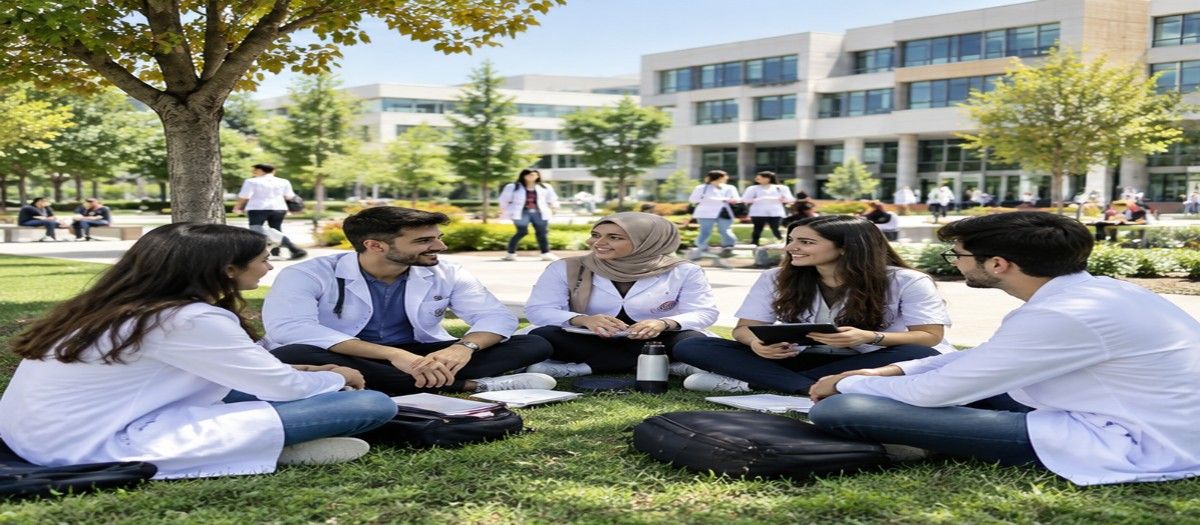 "Aksaray University School of Medicine students seat in garden area"
