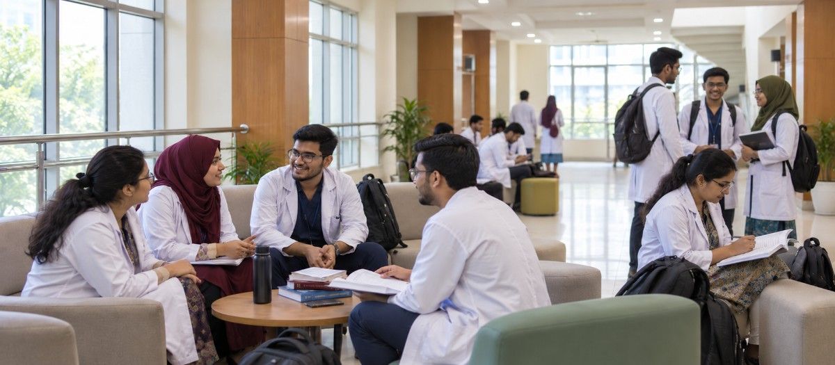 "HMC student life in campus common area"