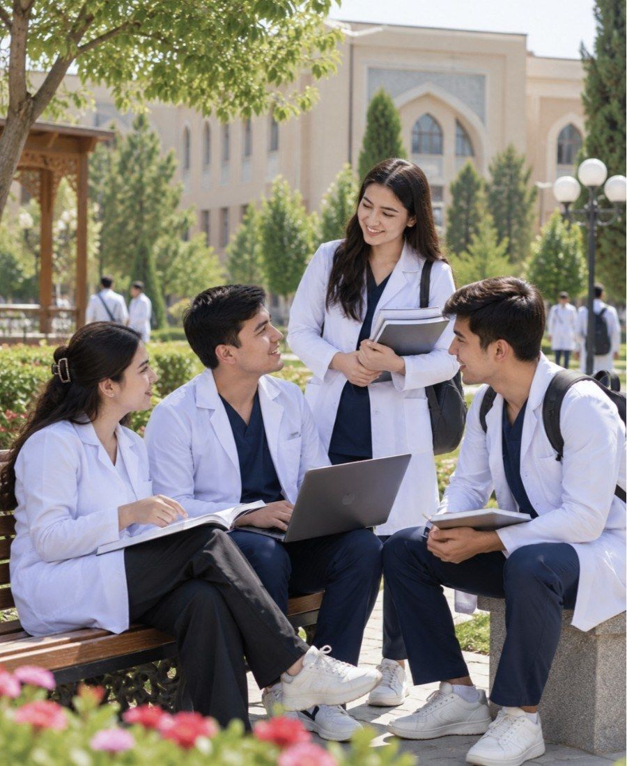 "Bukhara State Medical Institute medical students studying on campus"