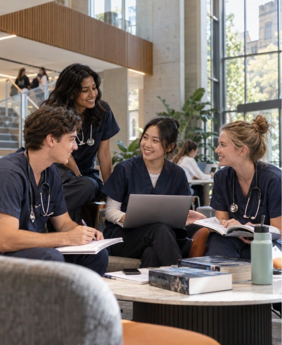 "Sydney Medical School student life in sunlit campus atrium"