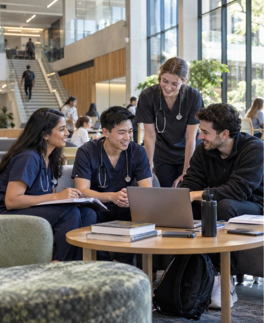 "Deakin University School of Medicine student life in campus study lounge"