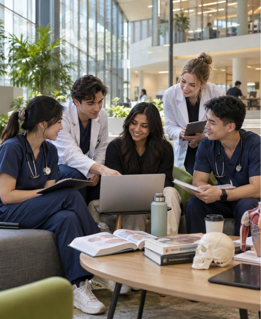 "Macquarie University School of Medicine student life in campus study lounge"