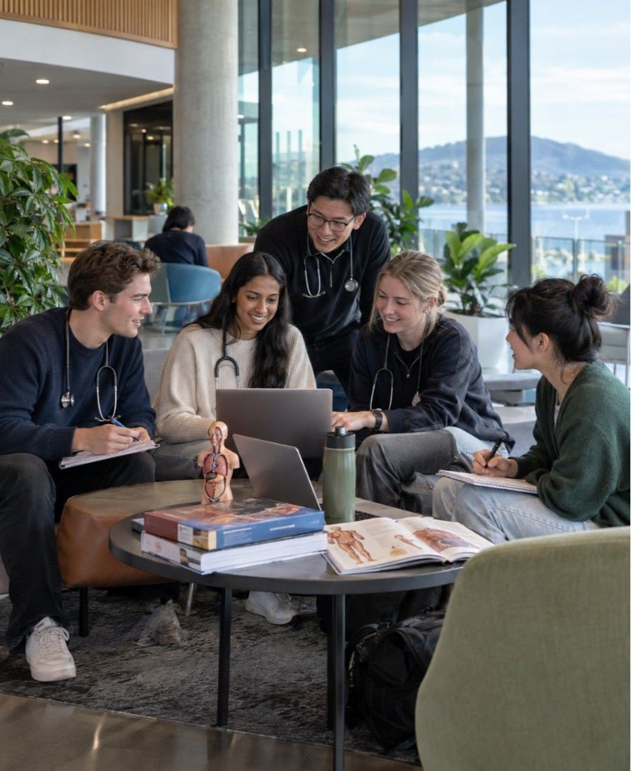 "University of Tasmania Tasmanian School of Medicine student life in campus study lounge"