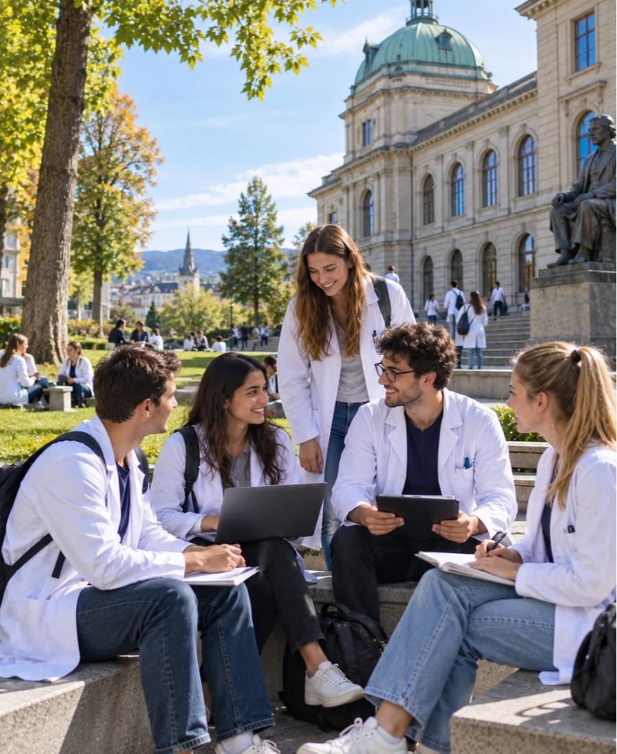 "Bern Medicine students seats in garden area in campus"