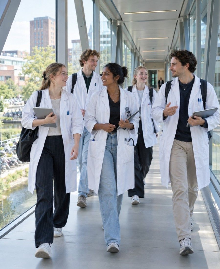 "Leiden medical university student life on campus skybridge"