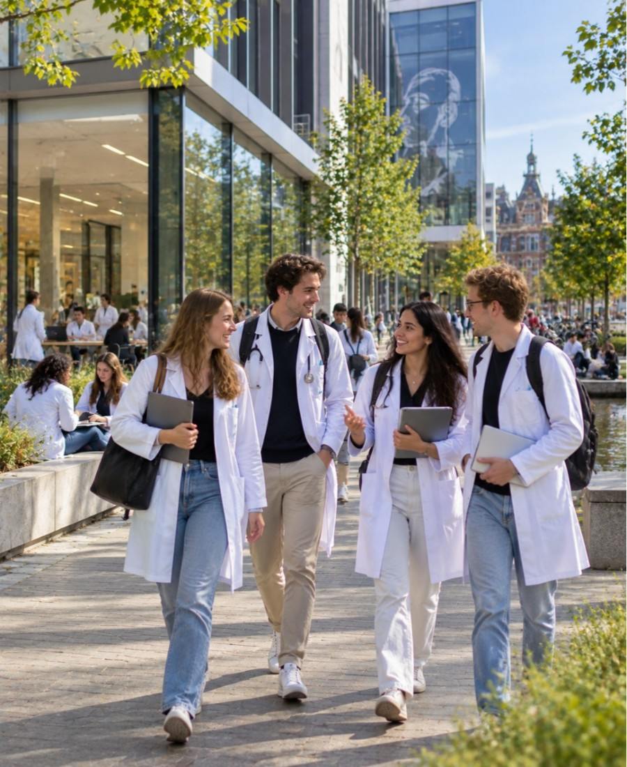 "University of Amsterdam Faculty of Medicine student life on campus walkway"