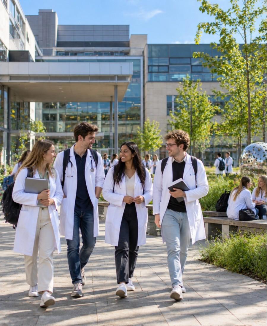 "Ghent University Faculty of Medicine and Health Sciences student life on campus walkway"