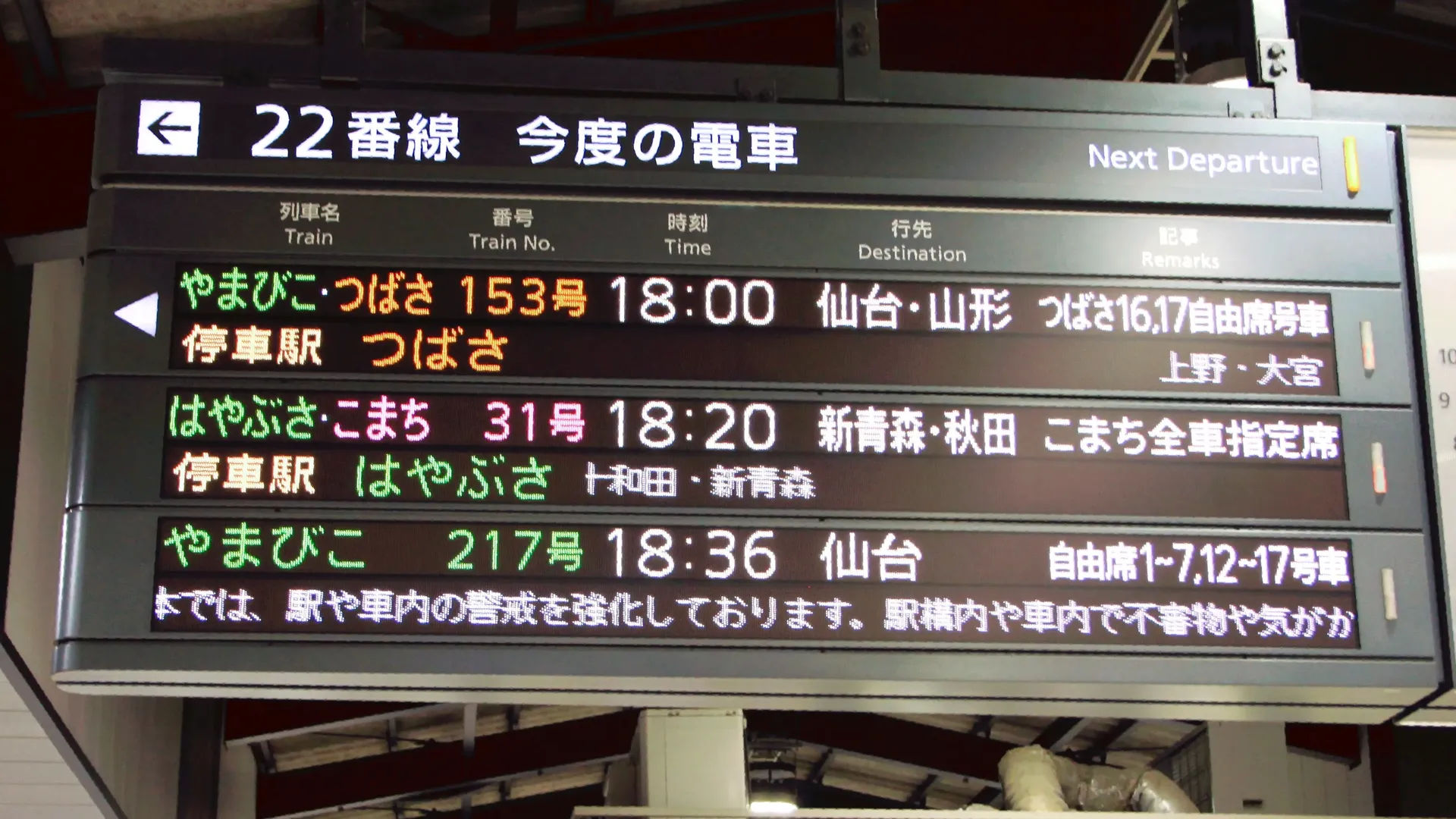 Elektroniczna tablica informacyjna o odjazdach pociągów, napisana po japońsku, przy peronie w Tokyo Station City