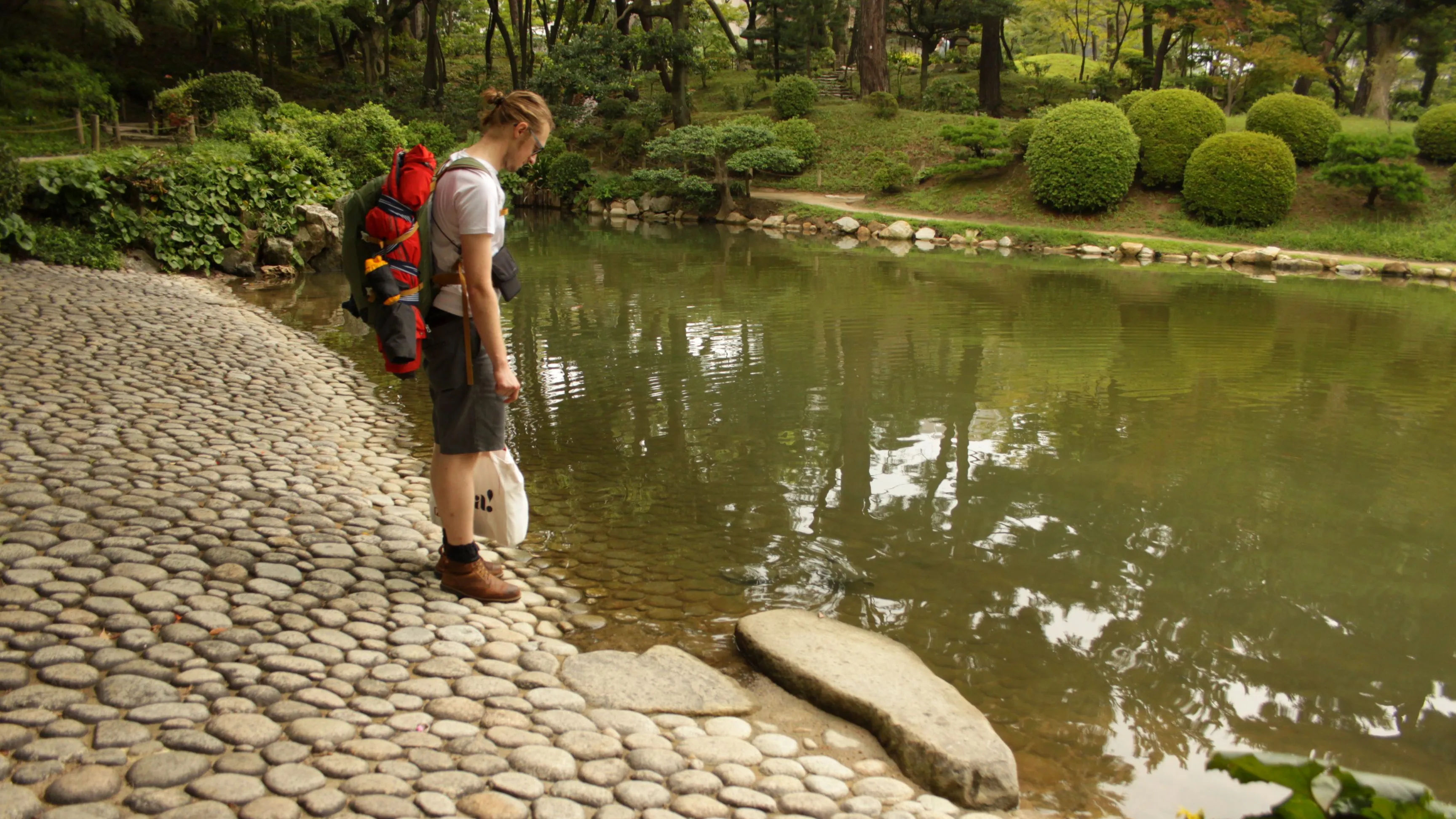 A person standing on the edge of a pond in Shukkeien Park, surrounded by lush greenery.