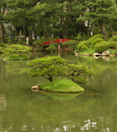 Widok na staw i most w Parku Shukkeien, Hiroszima, Japonia