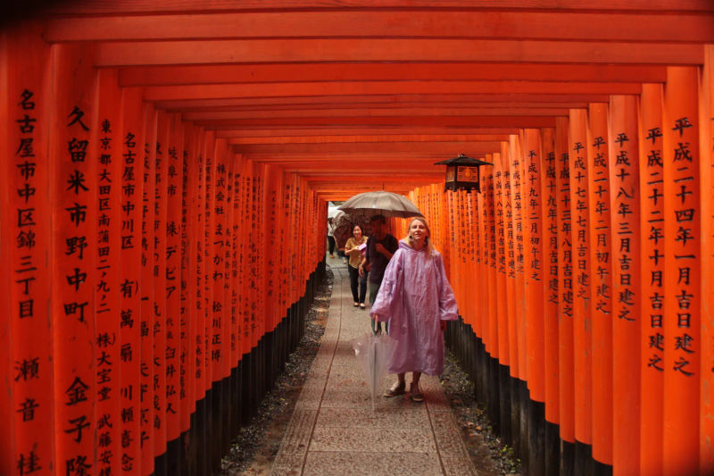 Przejście przez słynne czerwone bramy torii w Fushimi Inari Taisha w Kioto