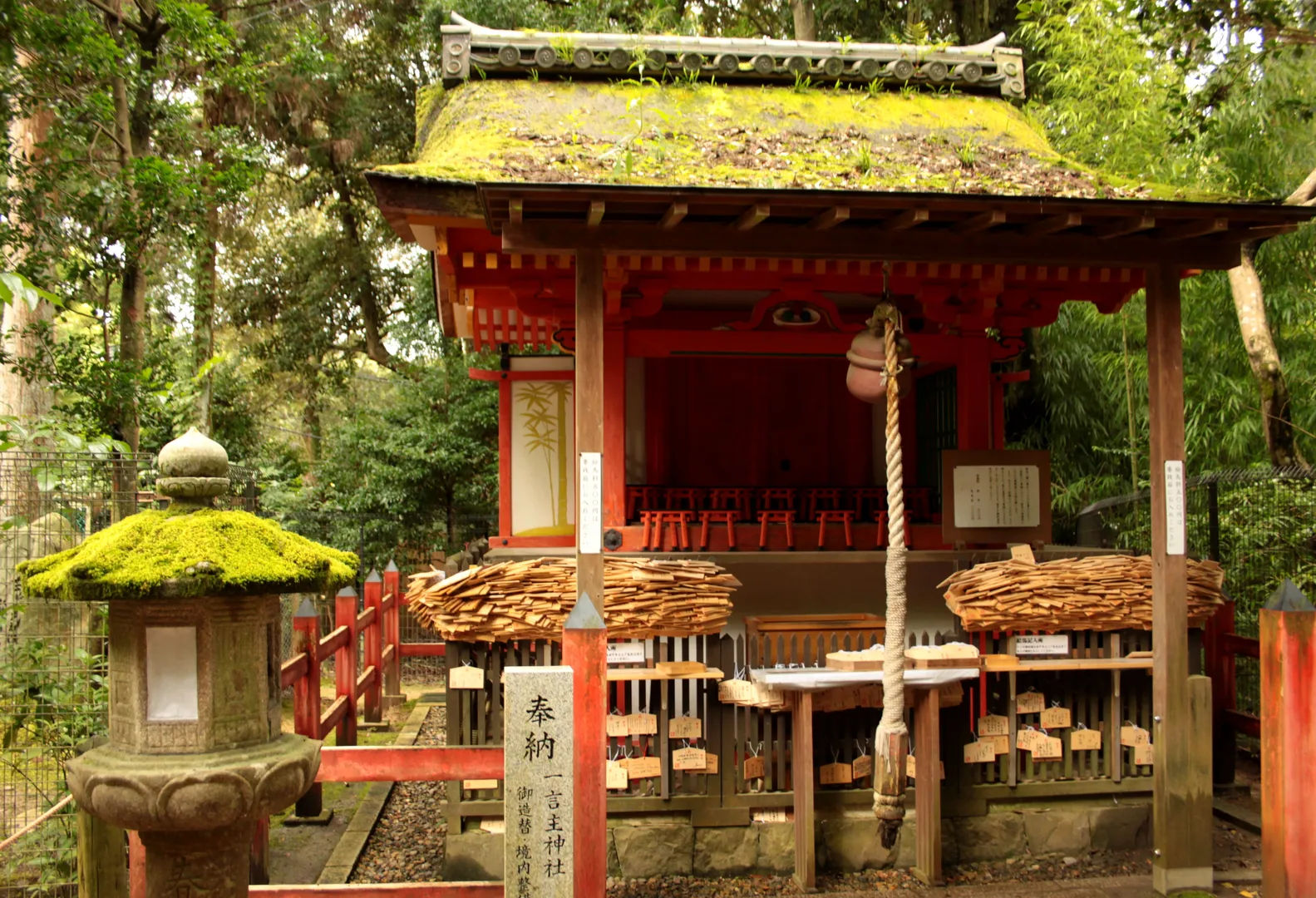 Rows of stone lanterns covered with moss in Kasuga Taisha, Nara