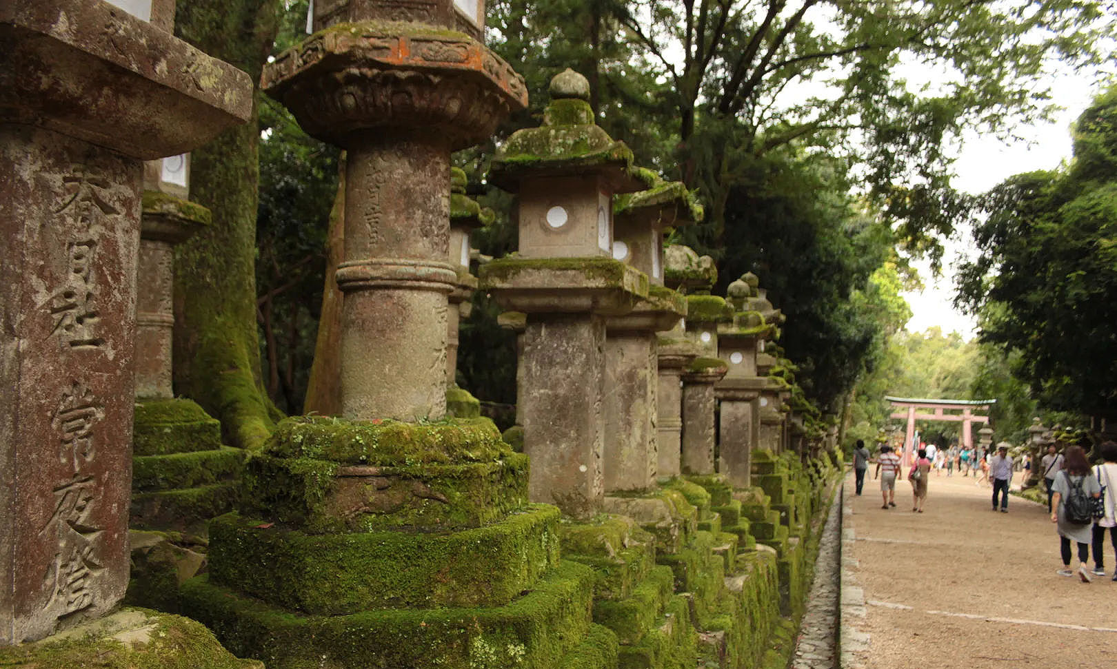 A small red shrine with moss-covered lanterns in Kasuga Taisha, Nara