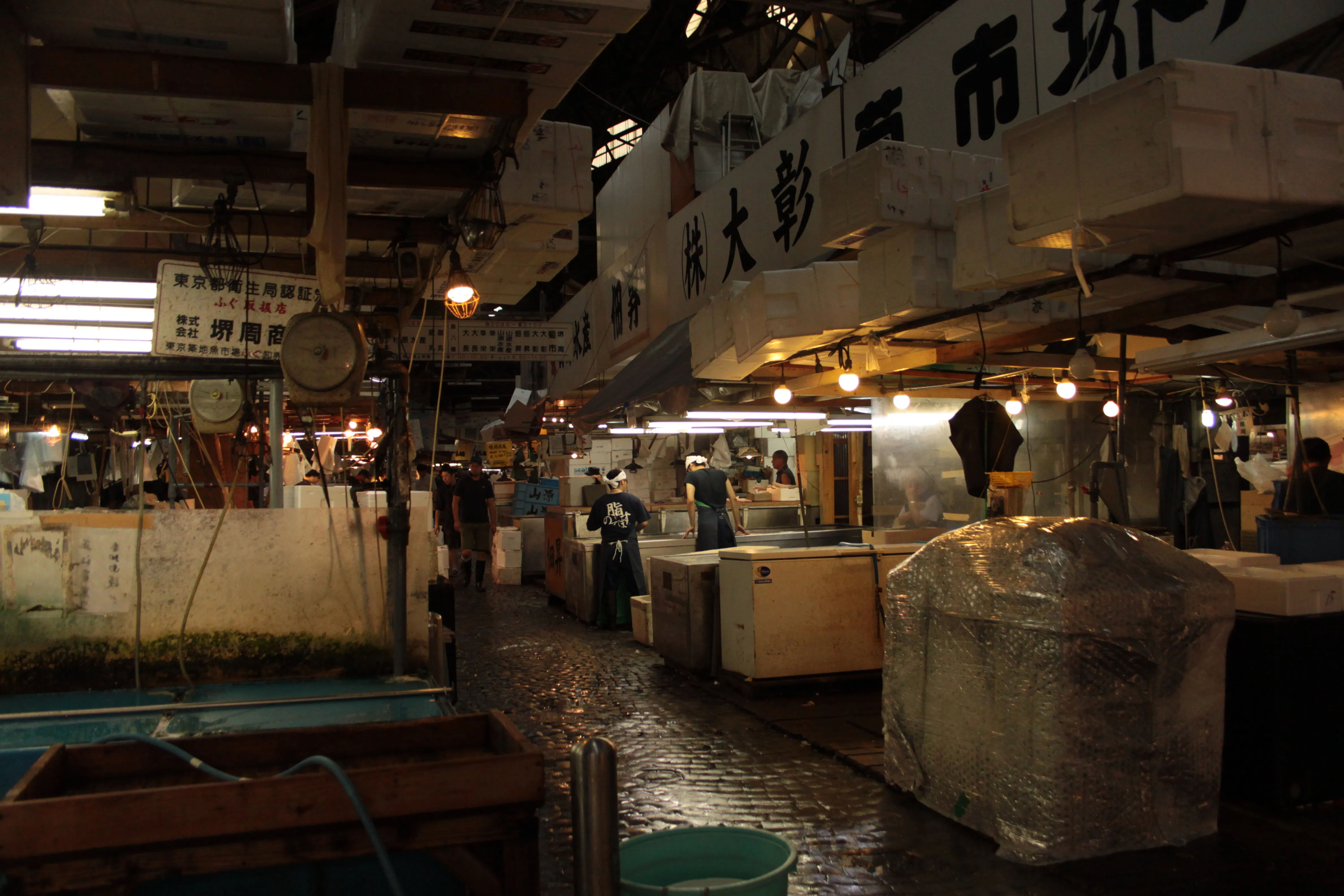 Widok na jedno ze stoisk w Tsukiji Market, z widocznymi zbiornikami na ryby i owocami morza.