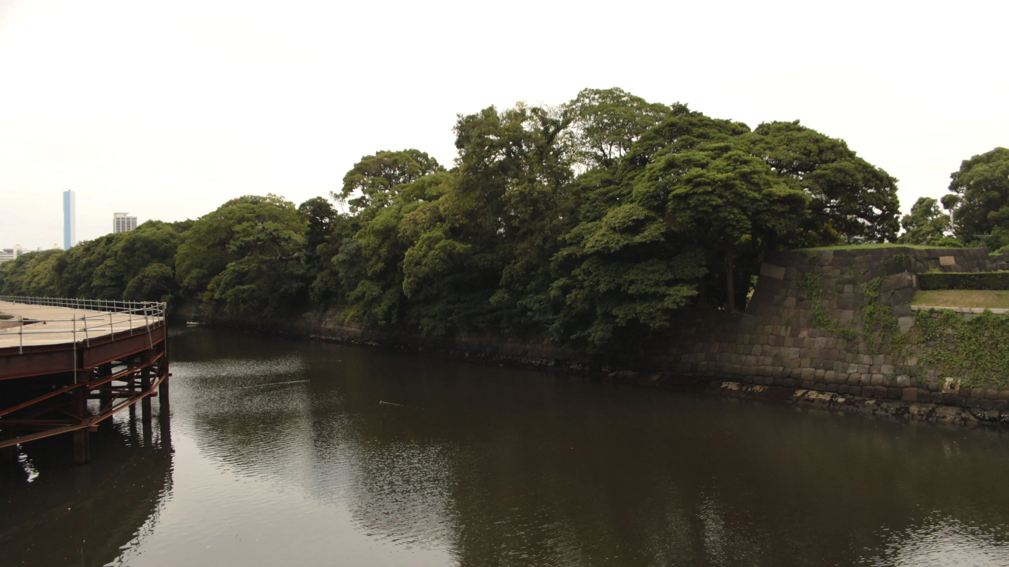 Kanał wodny otoczony zielenią w Ogrodach Hamarikyu, Tokio, z drewnianym mostkiem na lewym brzegu.