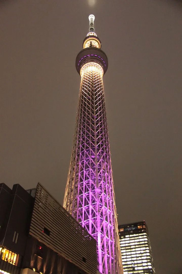Zbliżenie na szczyt Tokyo Skytree, widoczna część anteny i platformy widokowej.