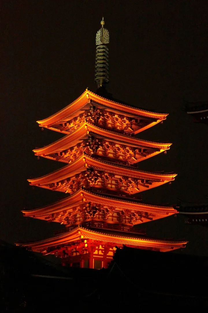 Oświetlona pagoda przy świątyni Sensō-ji nocą, widoczna w całej okazałości.