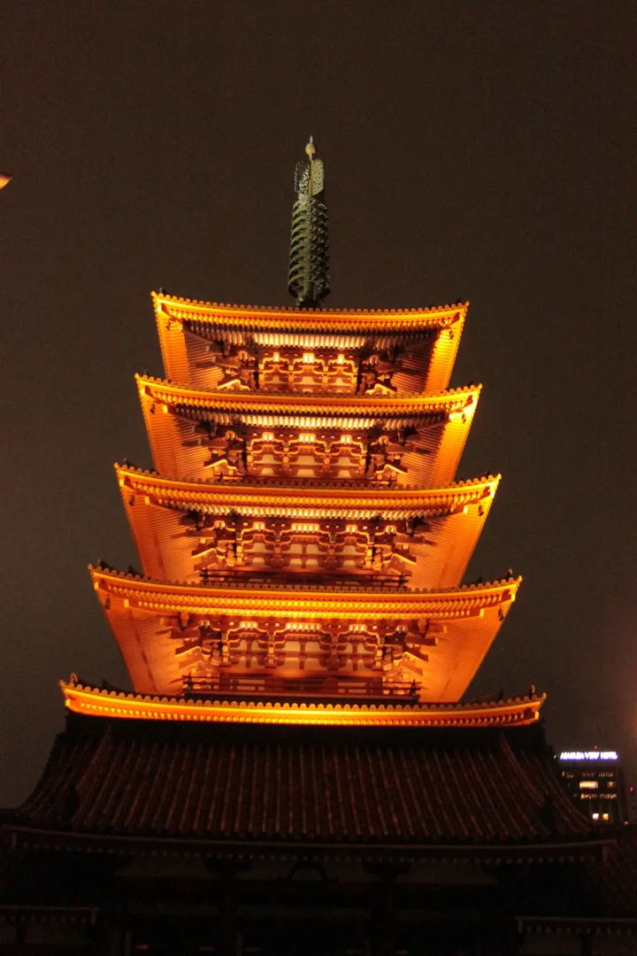 Oświetlona pagoda przy świątyni Sensō-ji nocą, widoczna w całej okazałości.