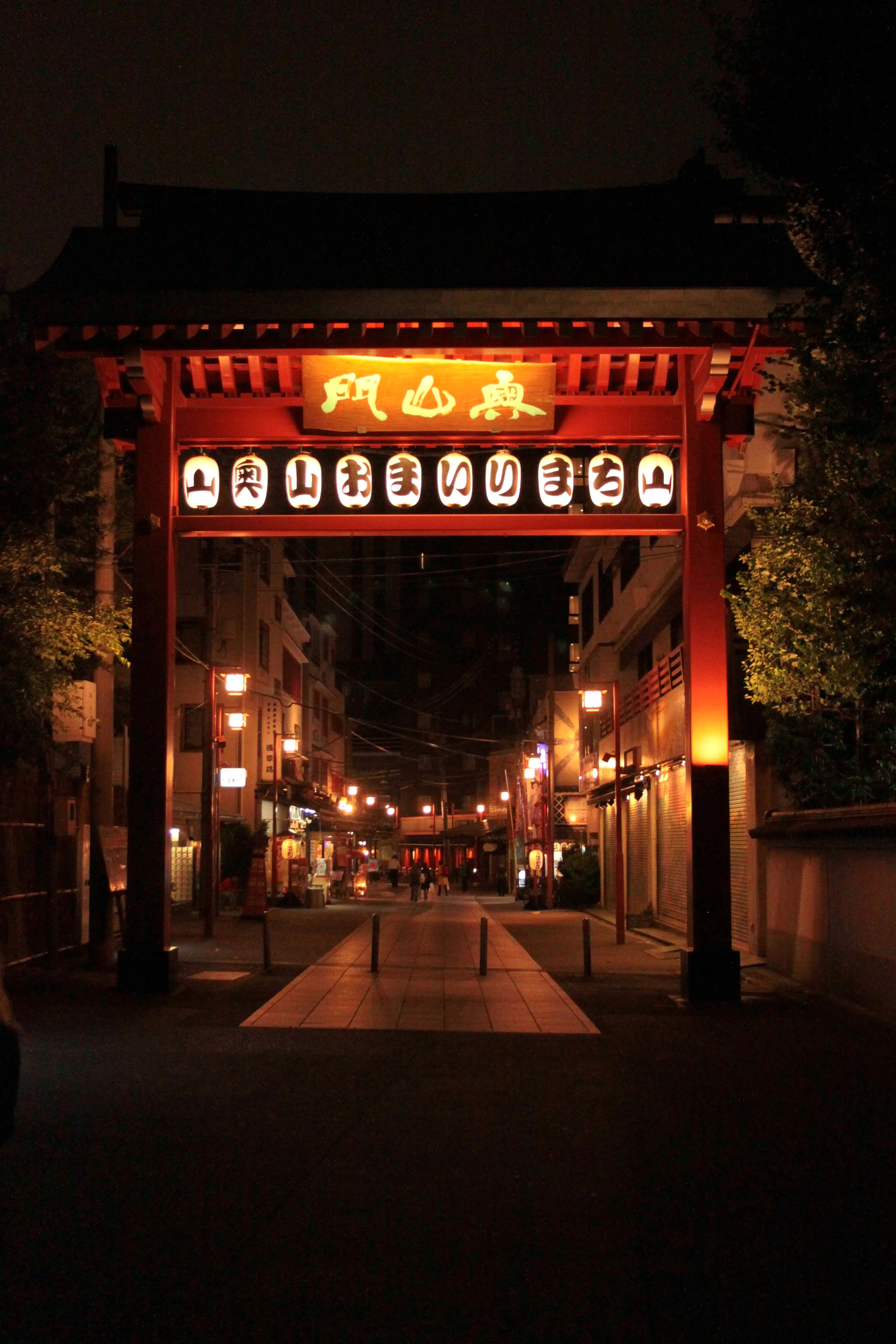Nocny widok na oświetloną bramkę torii w dzielnicy Asakusa.