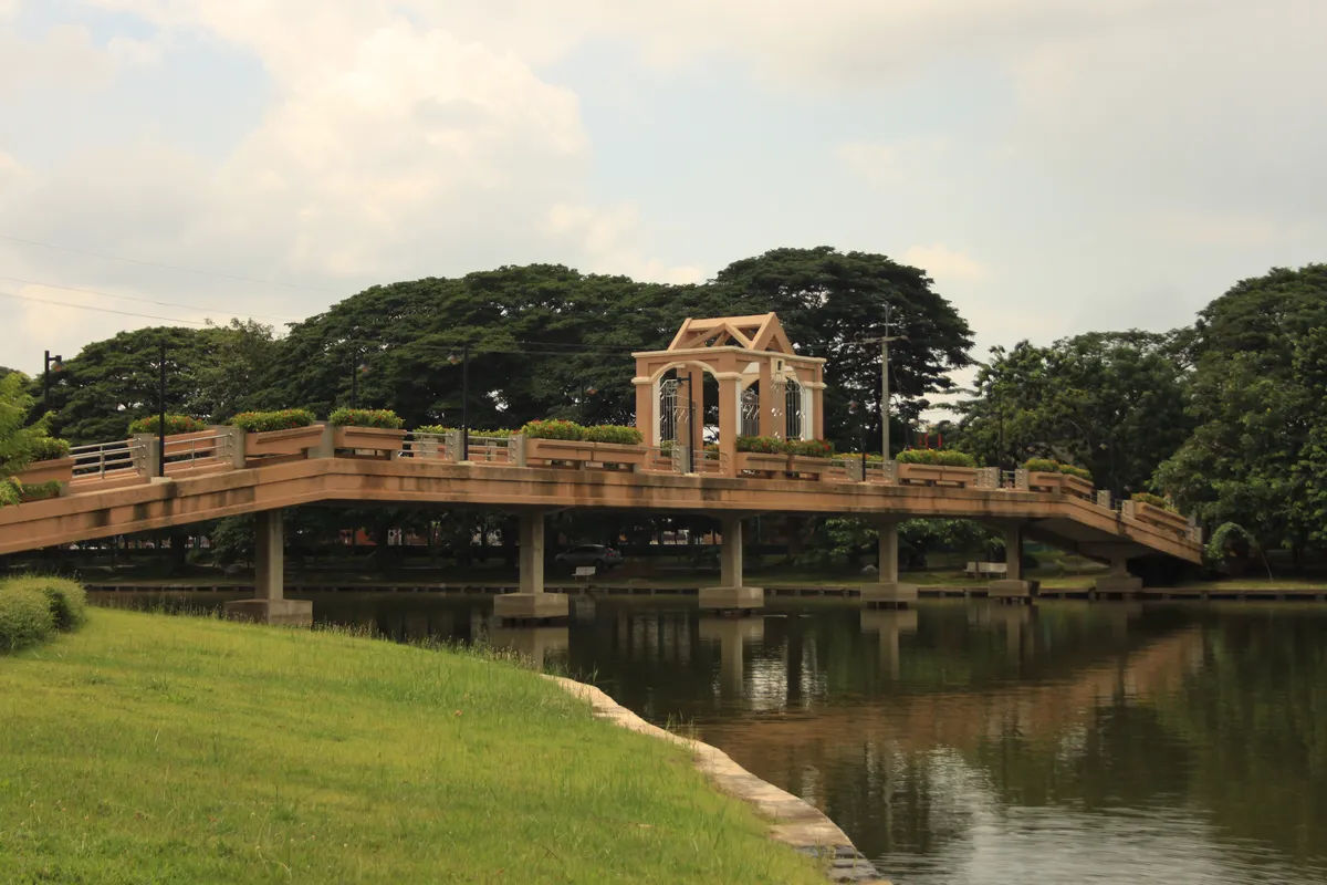Mostek w parku w tropikalnym otoczeniu, z bujną roślinnością i zielonymi drzewami.