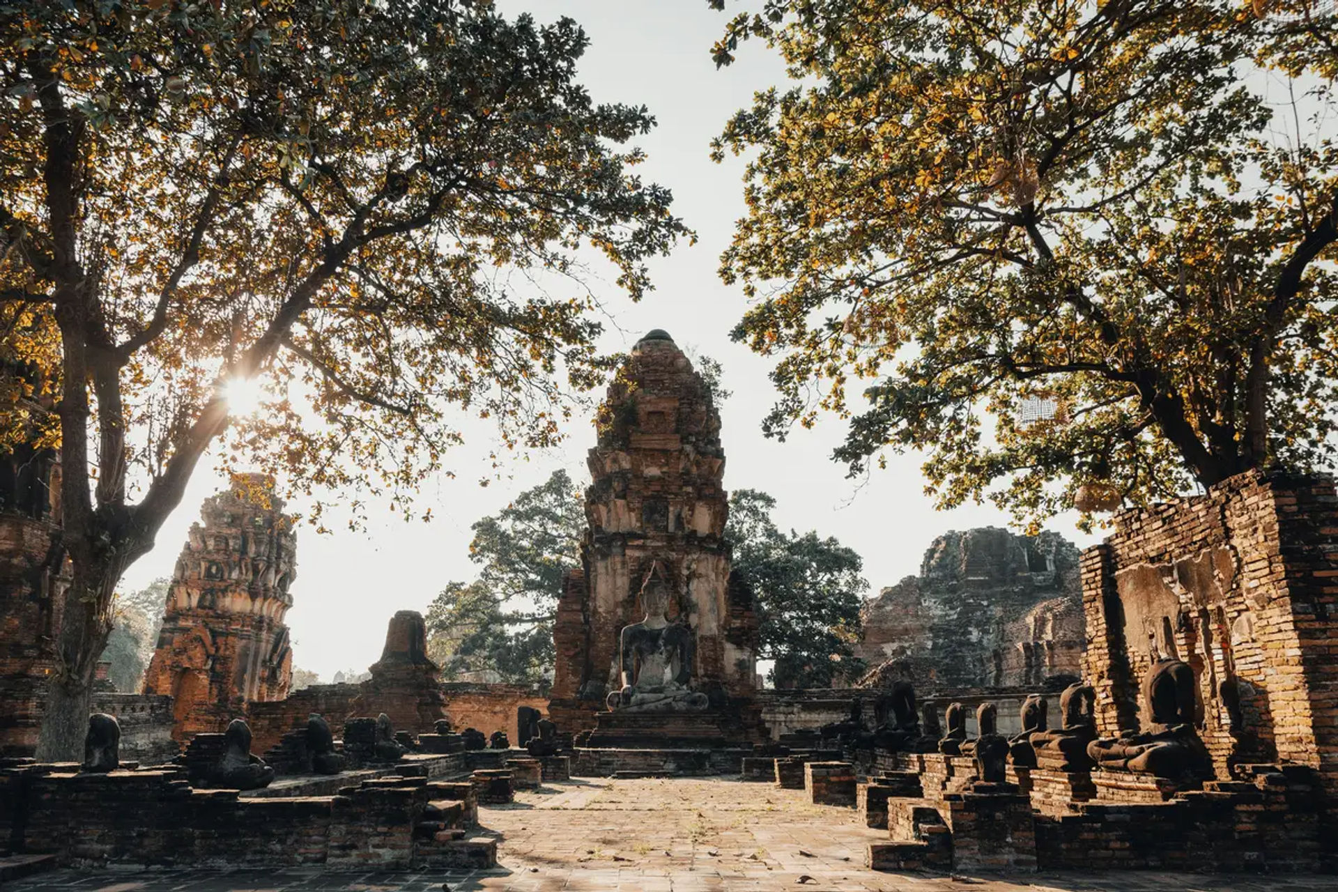 Ruiny świątyni w Ayutthaya, z posągiem Buddy i fragmentami starożytnej architektury otoczonymi drzewami.