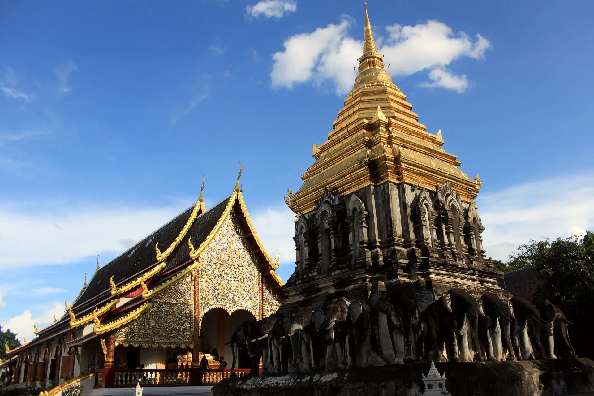 Stupa Słoni i glowny wihan w Wat Chiang Man