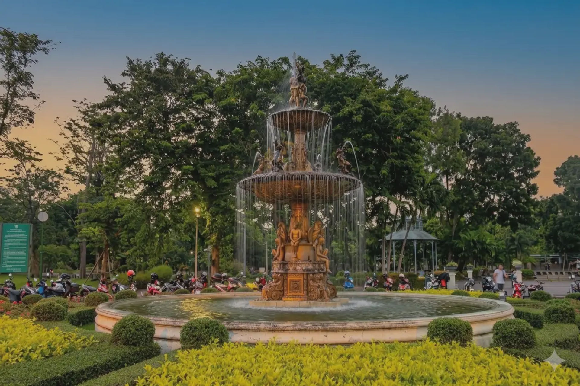 Fontanna w parku Saranrom w Bangkoku, otoczona roślinnością i świątynną architekturą.