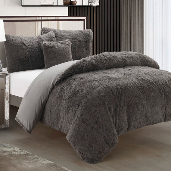 Shaggy Fleece 4PCE Duvet Cover Set - Charcoal