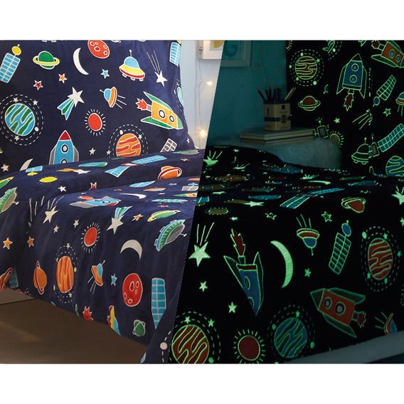 Space Ships & Rockets Glow In The Dark Bedroom Set & Glow Art