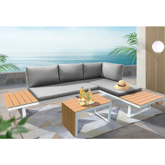 Outdoor Deep Seat Lounger, Love Seat & Coffee Table - White & Teak