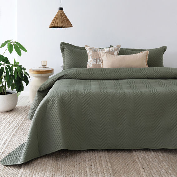 Herringbone Embossed Coverlet Set - Moss Q/K