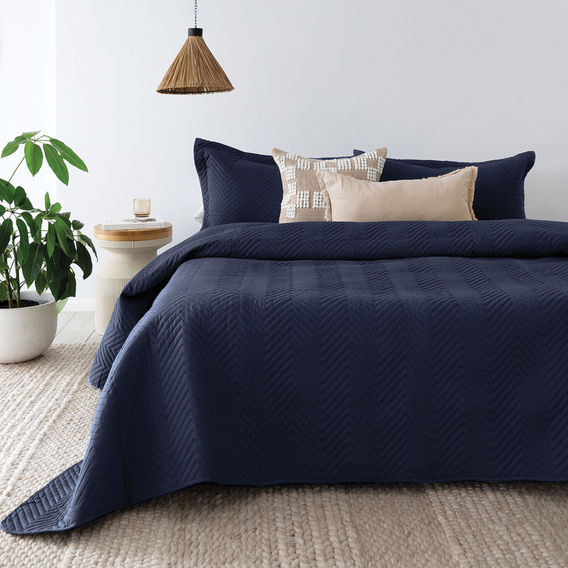 Herringbone Embossed Coverlet Set - Navy S/D