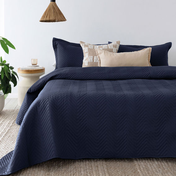 Herringbone Embossed Coverlet Set - Navy S/D