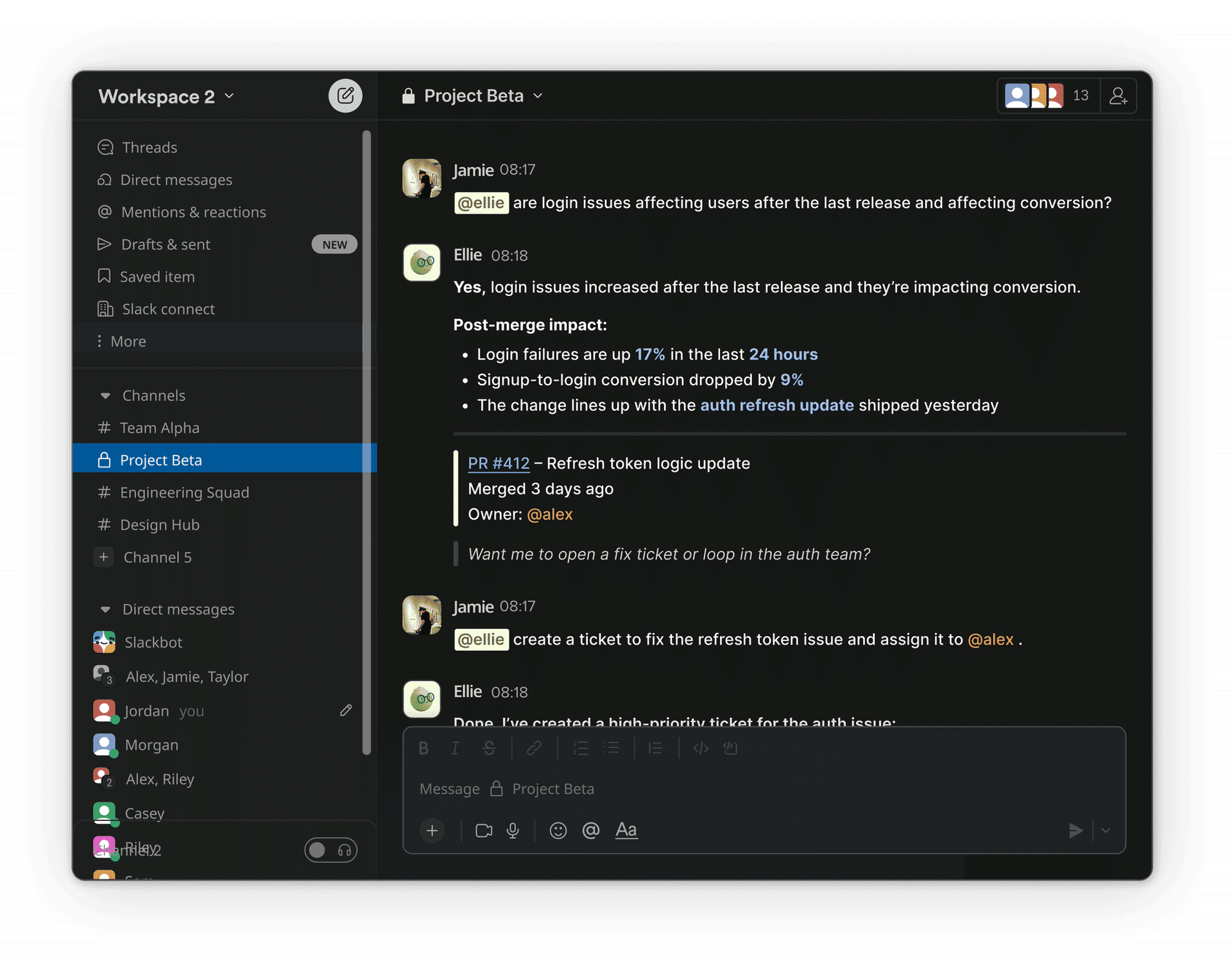 Ellie answering in Slack with supporting evidence attached to the thread