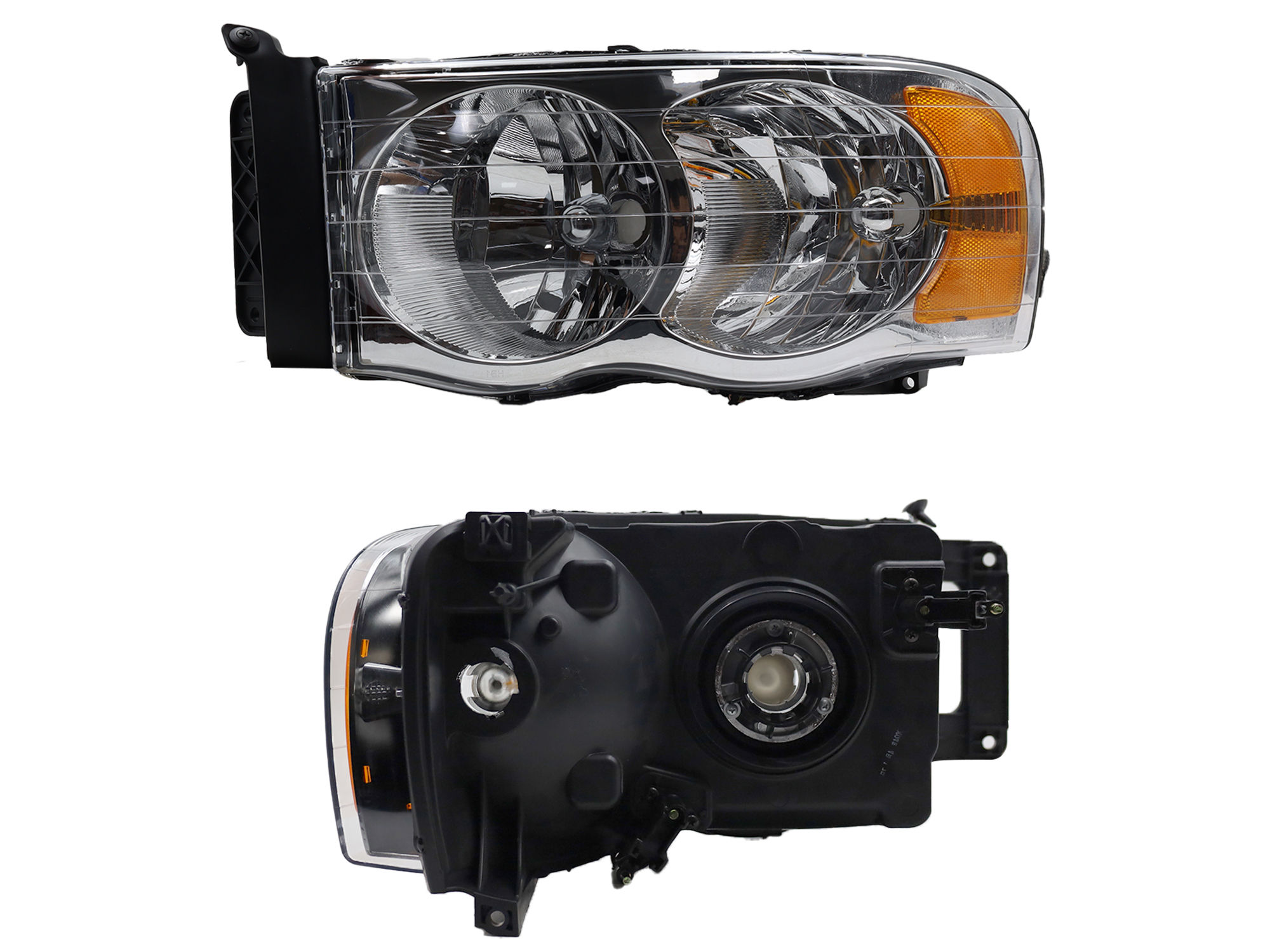 Faro Izquierdo Chrysler / Dodge RAM 1500/2500 2002-2005 Con Base Con Mica Ámbar Fondo Cromado
