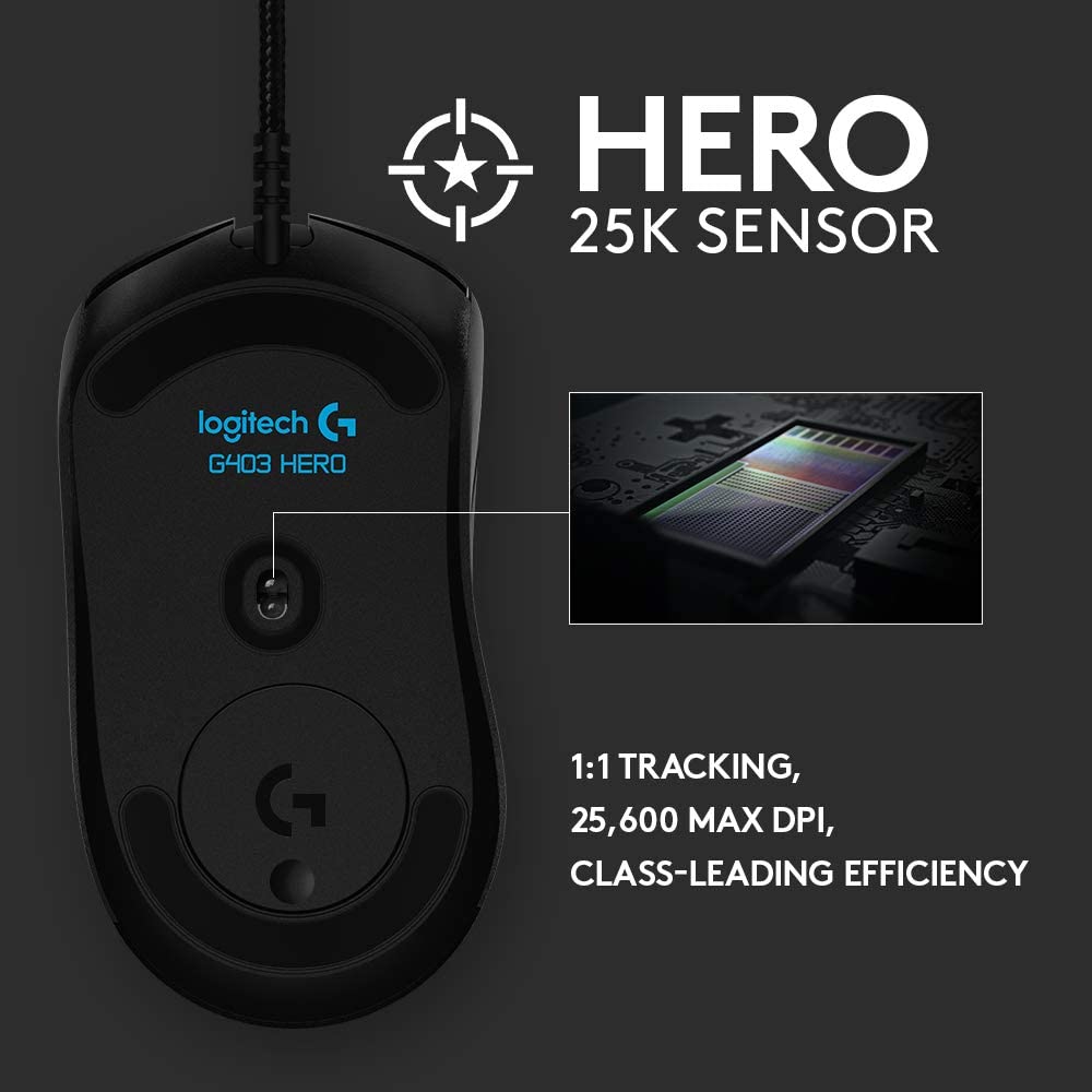Logitech G403 Hero 25K Gaming Mouse - Rubber Side Grips