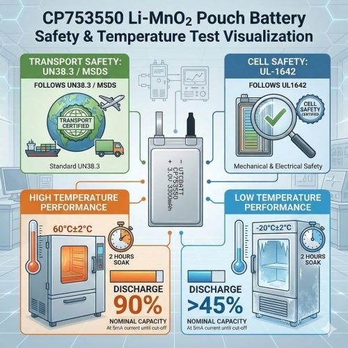CP703448 Li-MnO2 Pouch Battery Safety & Temperature Test