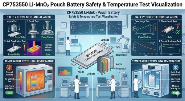 CP753550 Li-MnO2 Pouch Battery Safety & Temperature Test